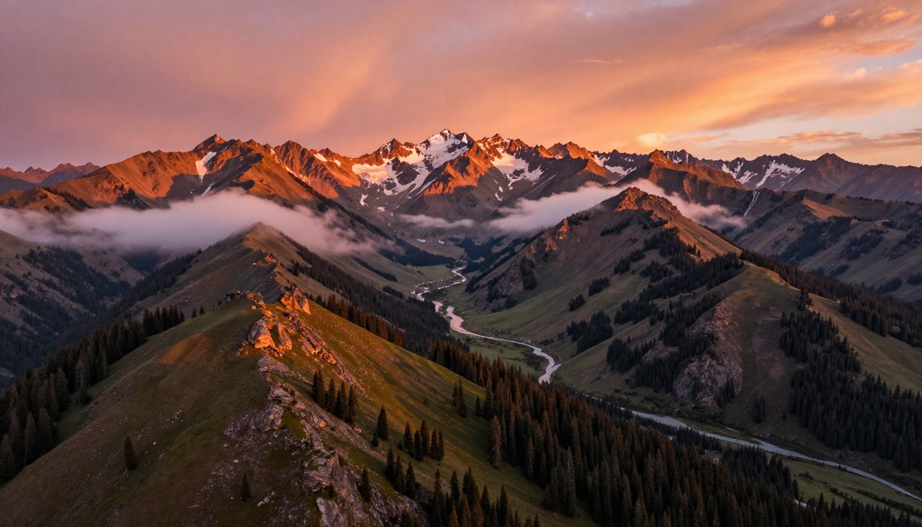 Dramatic aerial mountain landscape at golden hour with winding river reflecting the sky