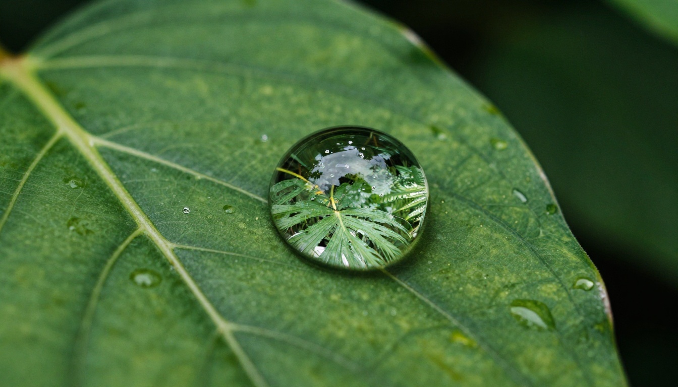 Macro photography of a water droplet on a tropical leaf reflecting an entire rainforest in miniature
