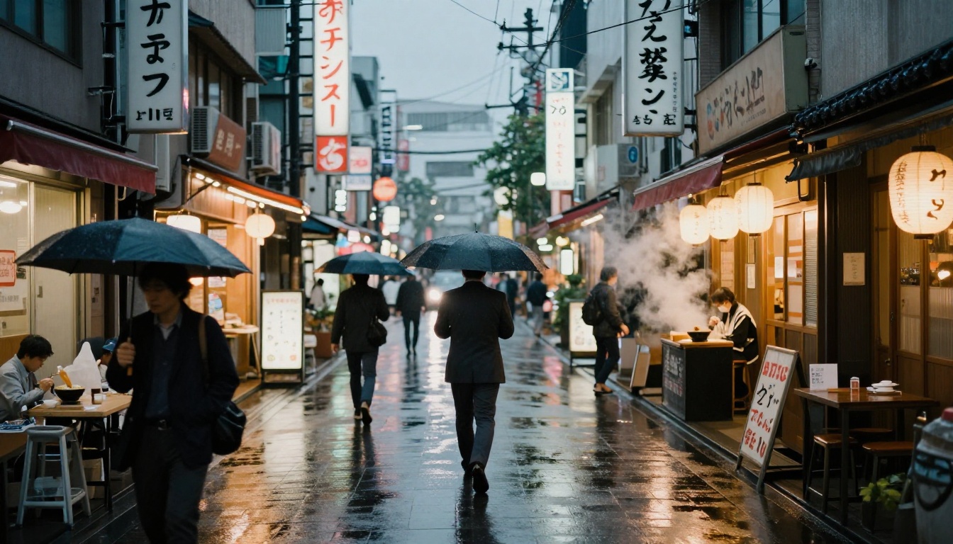 Photorealistic Tokyo street scene at dusk with rain-slicked asphalt reflecting warm amber storefronts