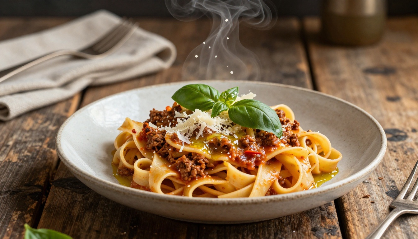 Professional food photography of gourmet tagliatelle bolognese with Parmigiano falling mid-air
