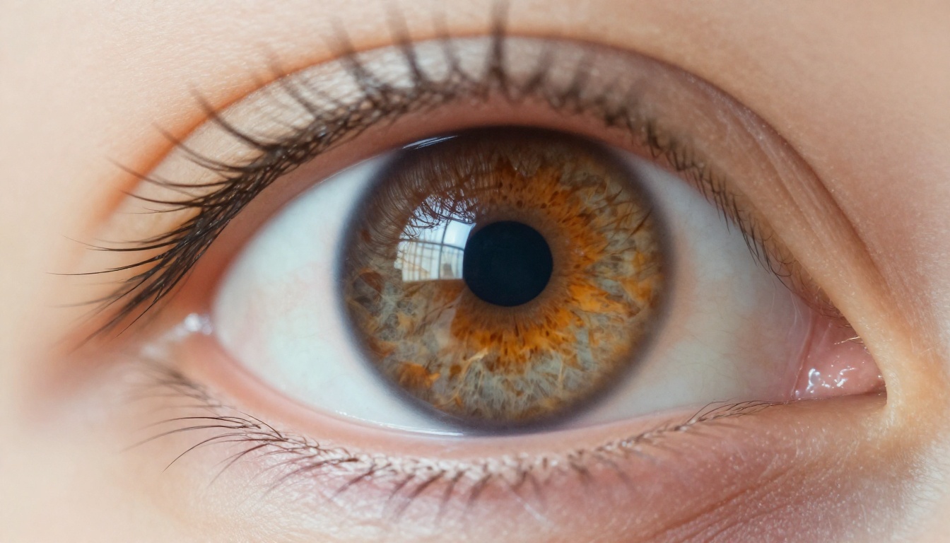 Extreme close-up macro of a human eye with intricate amber iris fibers and authentic window catchlight