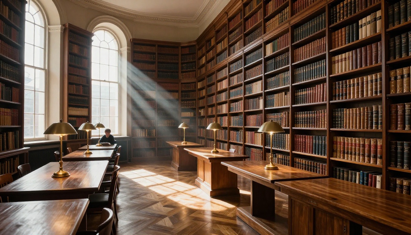 Grand library reading room with floor-to-ceiling oak shelves and afternoon light shafts through arched windows Grand library reading room with floor-to-ceiling oak shelves and afternoon light shafts through arched windows
