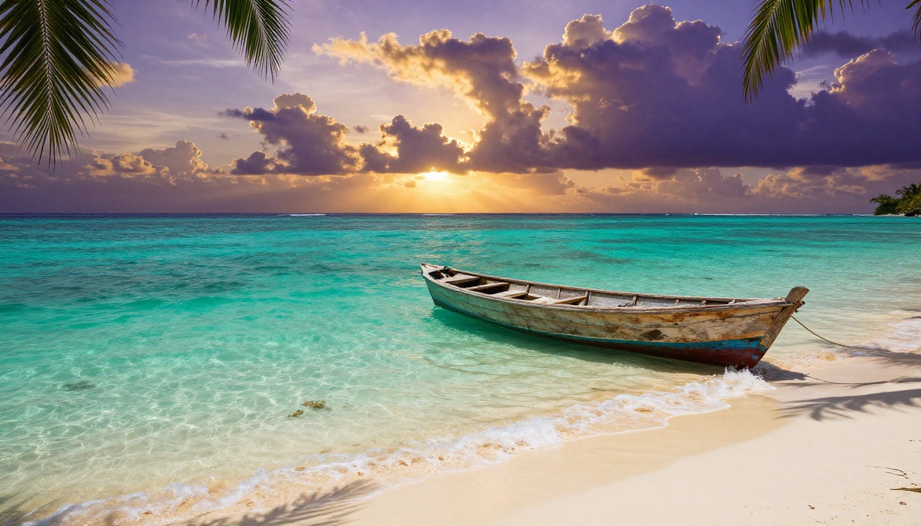 Tropical beach at the moment before sunset with lone wooden fishing boat on white sand Tropical beach at the moment before sunset with lone wooden fishing boat on white sand