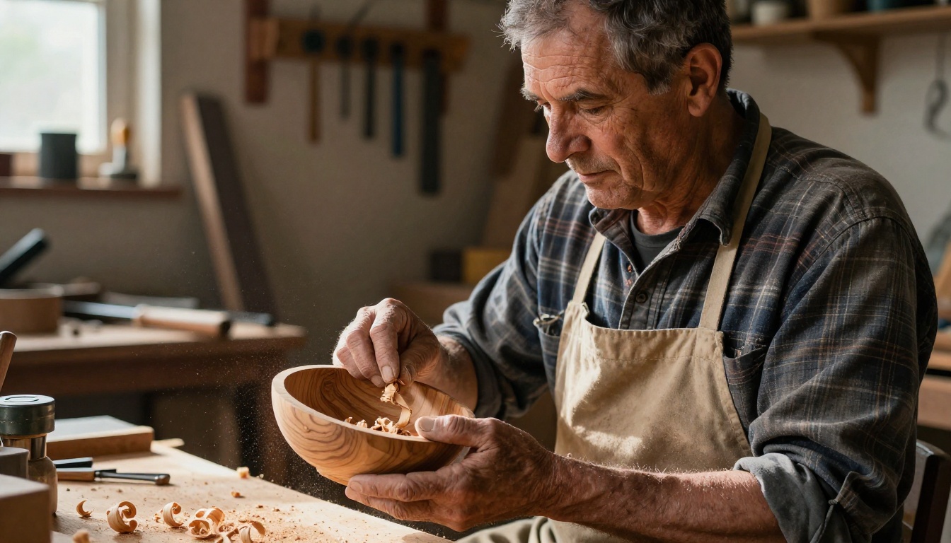 Weathered craftsman holding a hand-carved wooden bowl in workshop with raking natural light Weathered craftsman holding a hand-carved wooden bowl in workshop with raking natural light