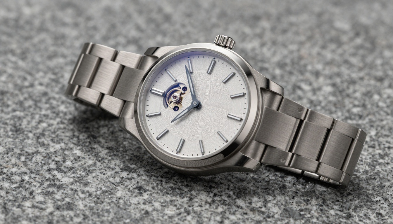 Luxury Swiss mechanical watch on rough granite slab with macro detail and rim lighting Luxury Swiss mechanical watch on rough granite slab with macro detail and rim lighting
