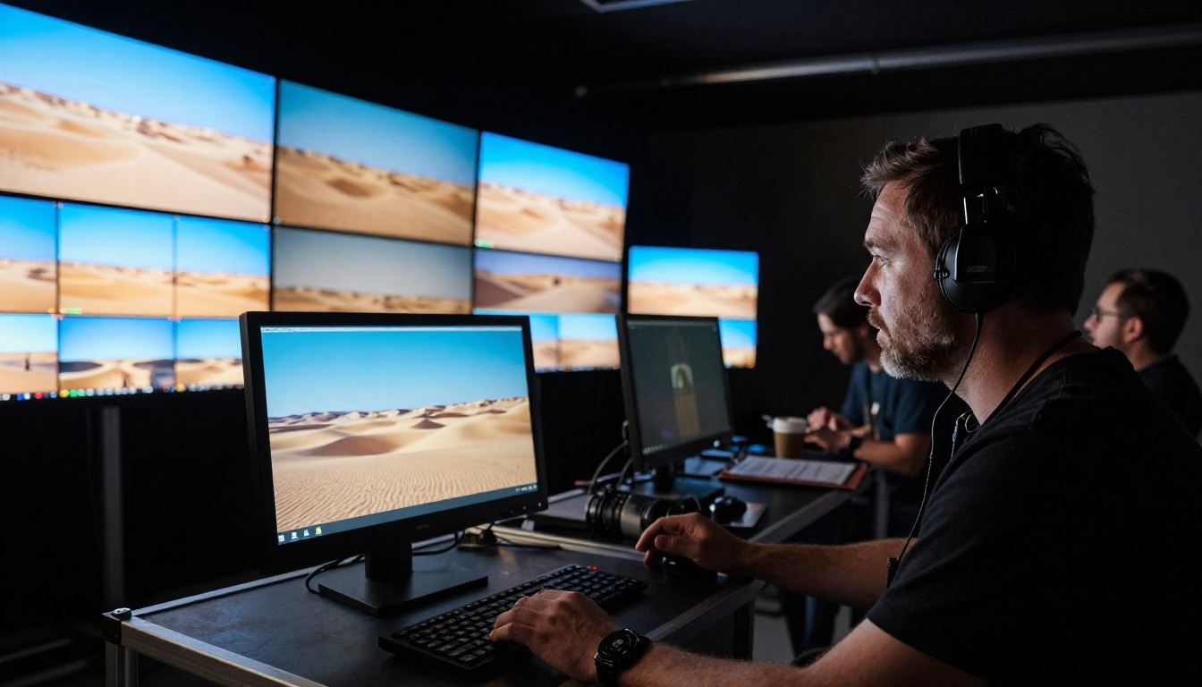 Director of photography reviewing cinematic footage on studio monitors