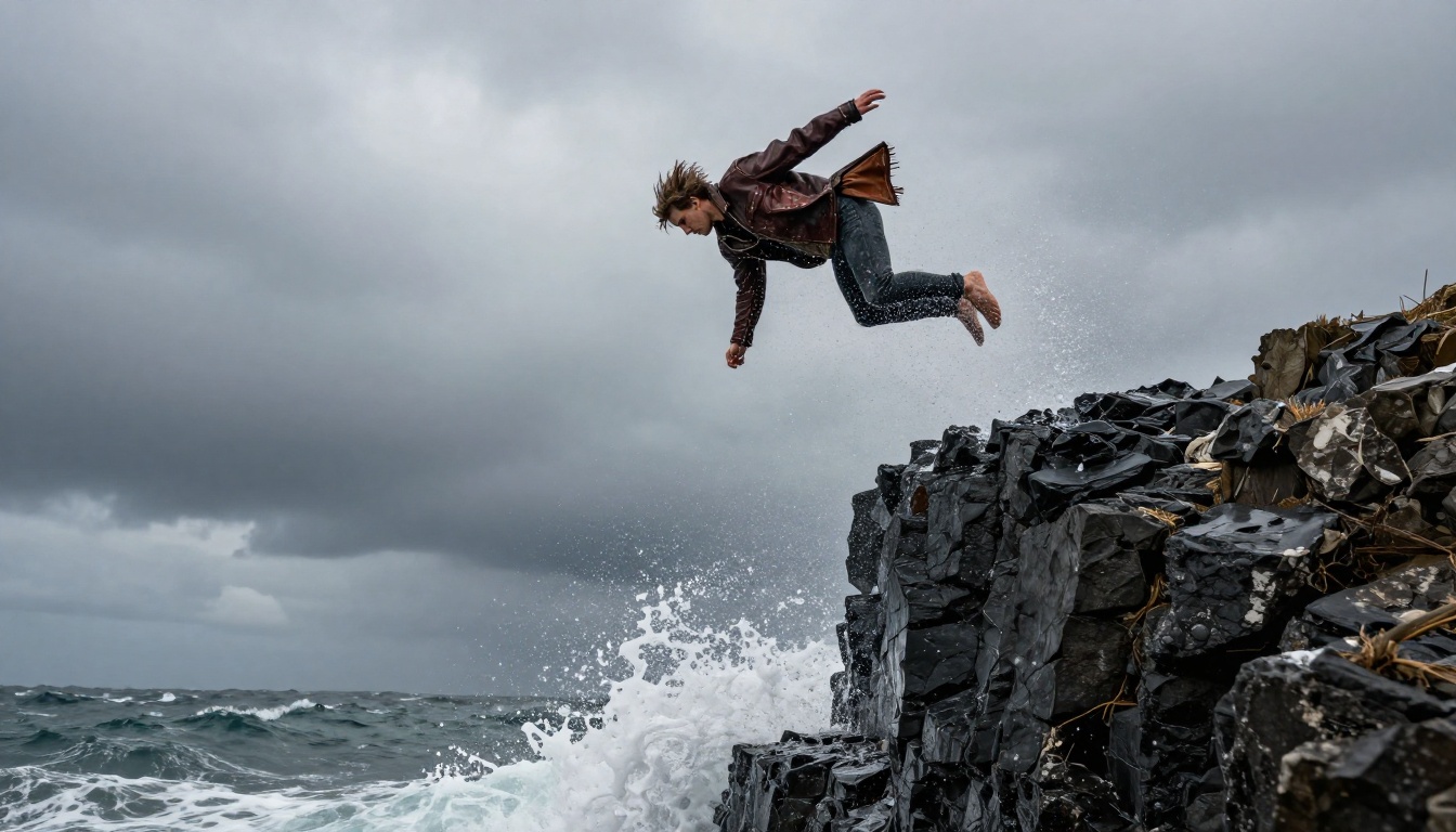 Stunt performer in high-speed cinematography scene with ocean waves