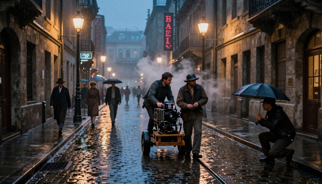 Film crew capturing rain-soaked 1940s alleyway night scene