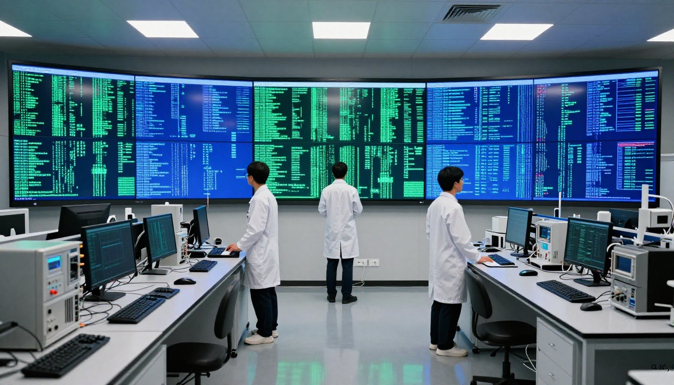AI research laboratory with scientists reviewing video synthesis outputs on large screens