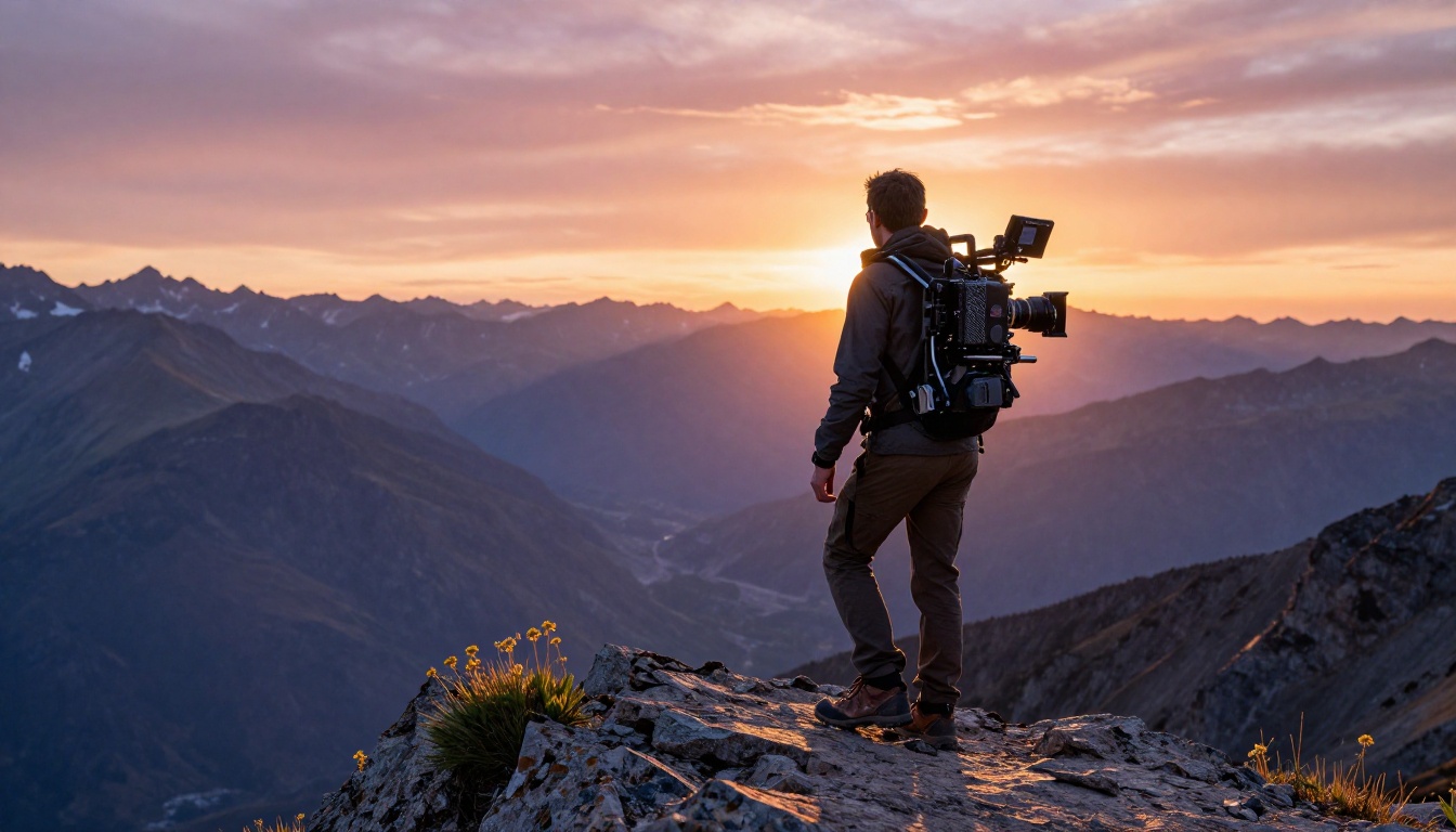 Solo cinematographer on mountain ridge at golden hour with cinema rig