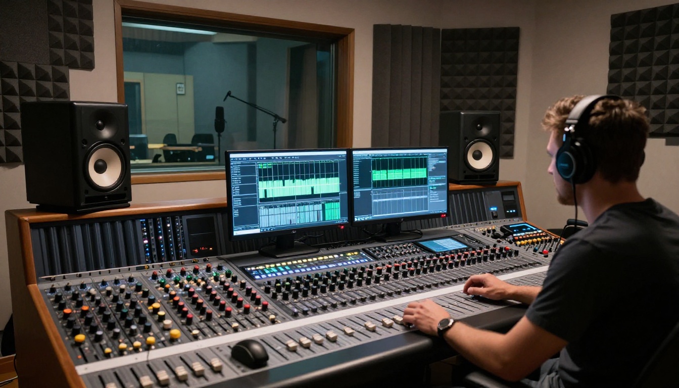 Sound design studio with professional mixing board and engineer