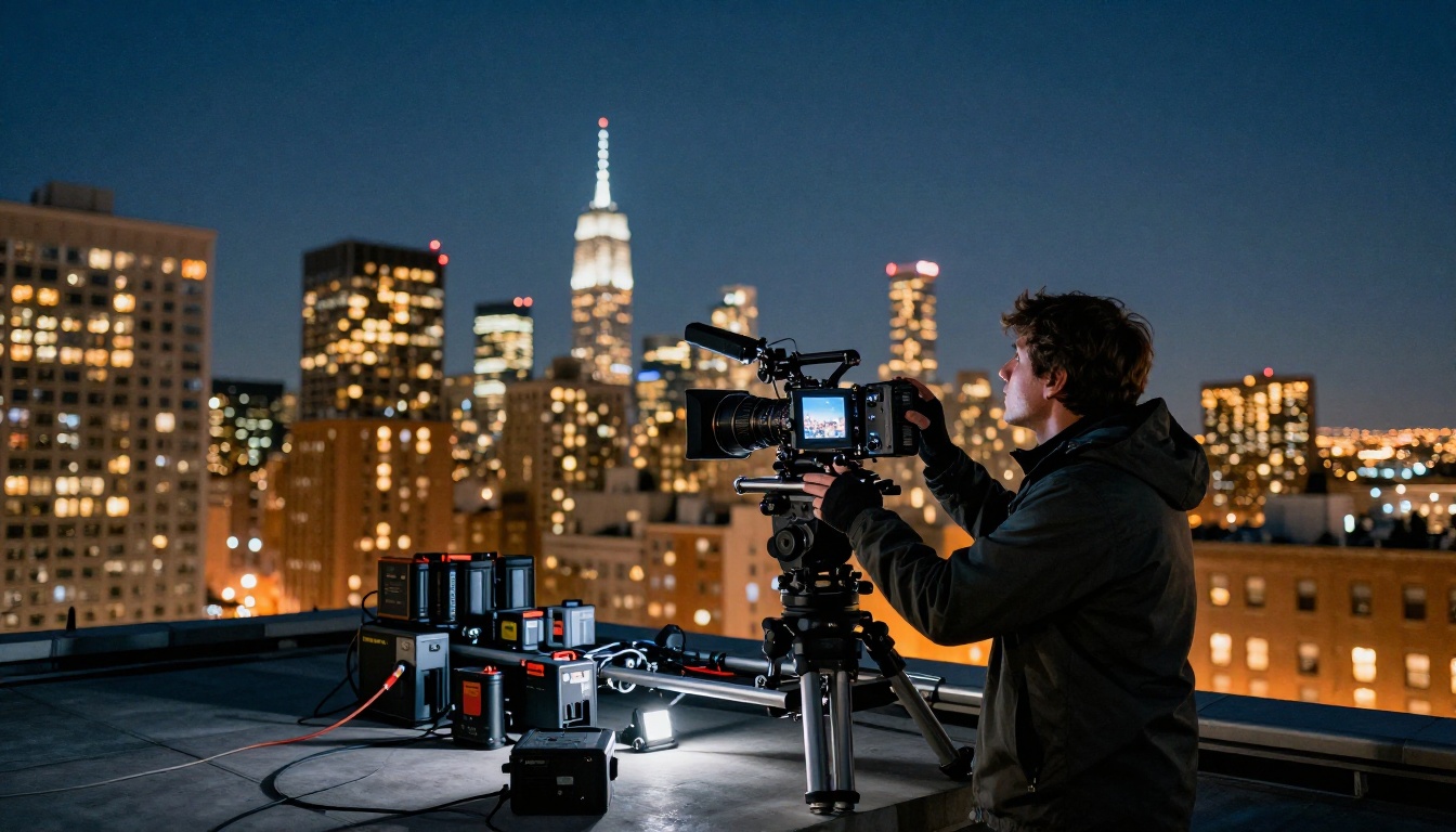 Time-lapse photographer setting up cinema rig on city rooftop at midnight