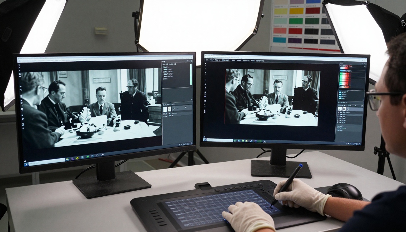 Video restoration technician comparing before and after upscale on dual monitors