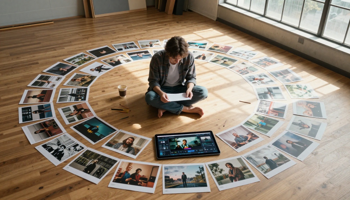 Filmmaker surrounded by storyboard frames studying AI video generation interface