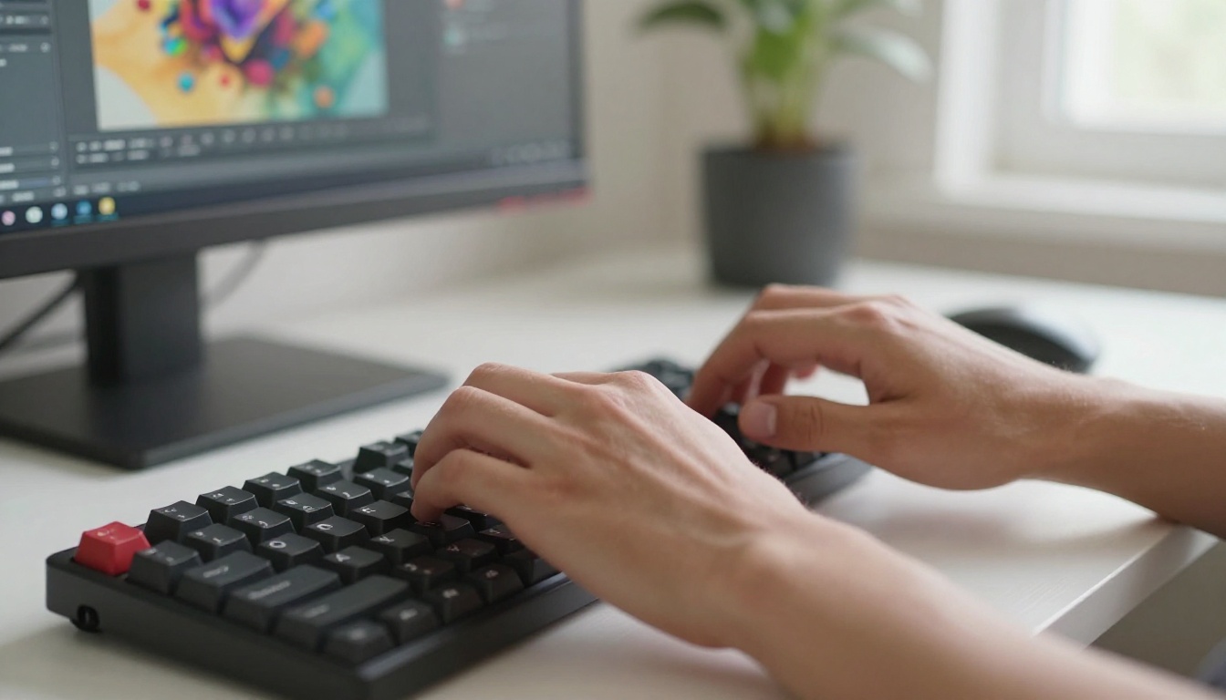 Content creator typing at AI-powered workstation