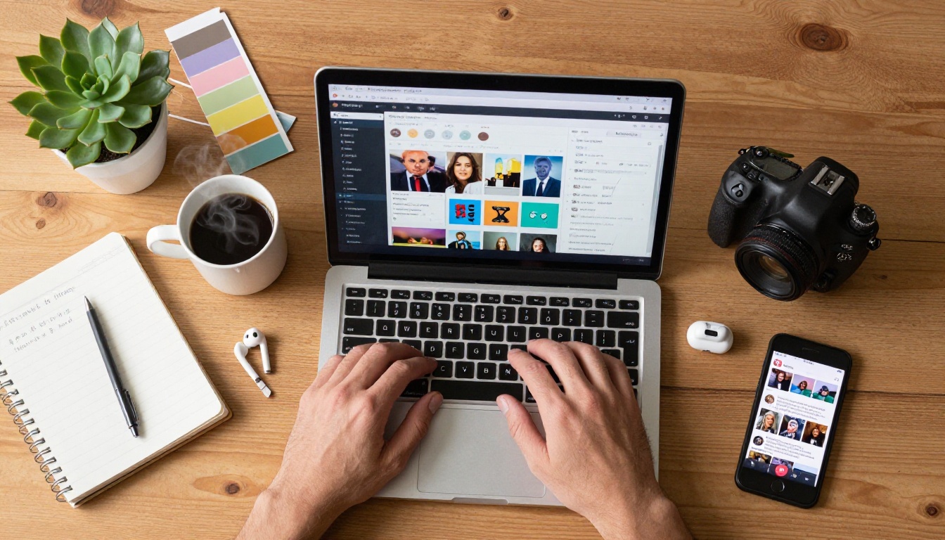 Aerial flat-lay of content creator workspace with laptop and coffee