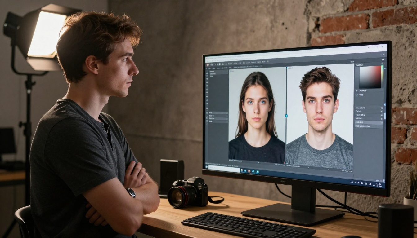 Professional photographer reviewing AI-enhanced portrait on studio monitor