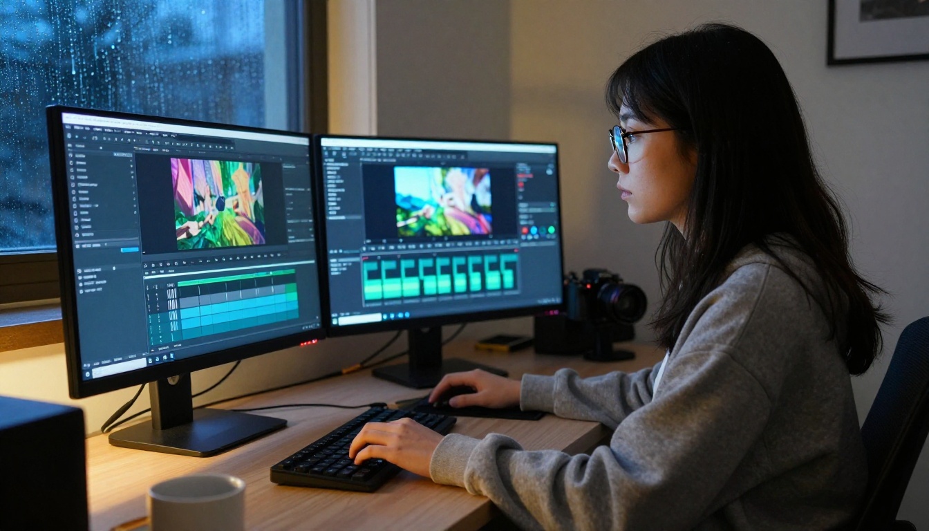Female video editor working at dual-monitor station in home studio