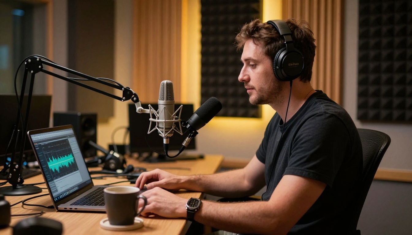 Podcast host recording in professional studio with AI transcription tool