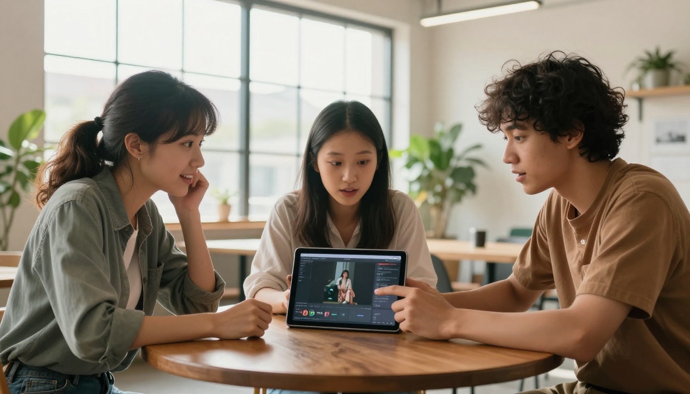 Diverse group of content creators reviewing AI image results on tablet Diverse group of content creators reviewing AI image results on tablet