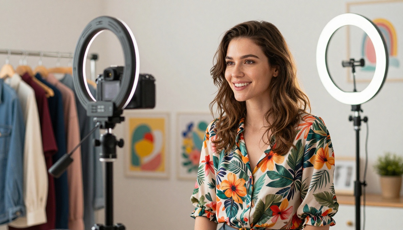 Female content creator filming herself with ring light and mirrorless camera Female content creator filming herself with ring light and mirrorless camera