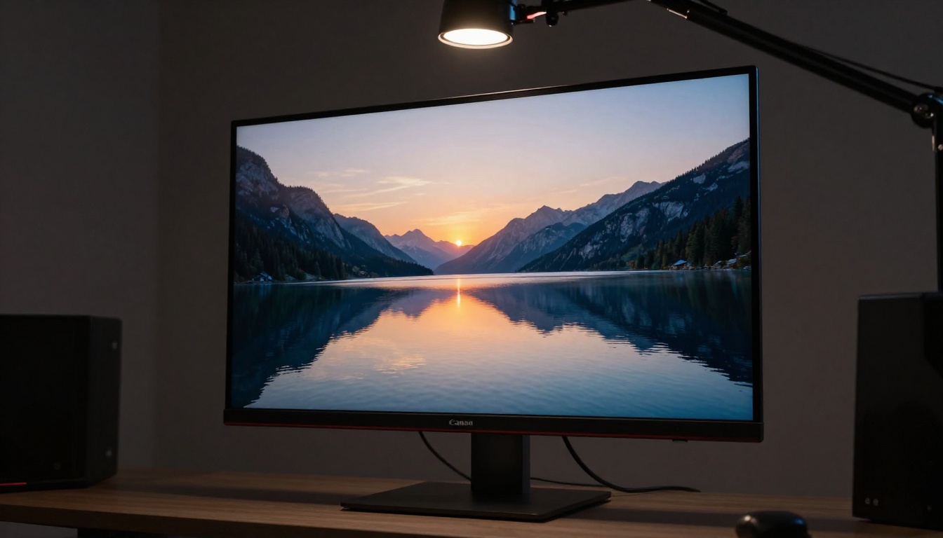 Large 4K monitor displaying AI-generated mountain lake landscape image Large 4K monitor displaying AI-generated mountain lake landscape image