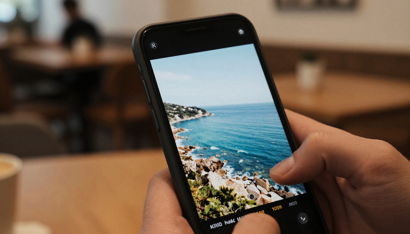 Close-up macro of a smartphone screen held in hands showing a video reel paused on a vivid aerial coastal shot, coffee shop interior softly blurred in the background