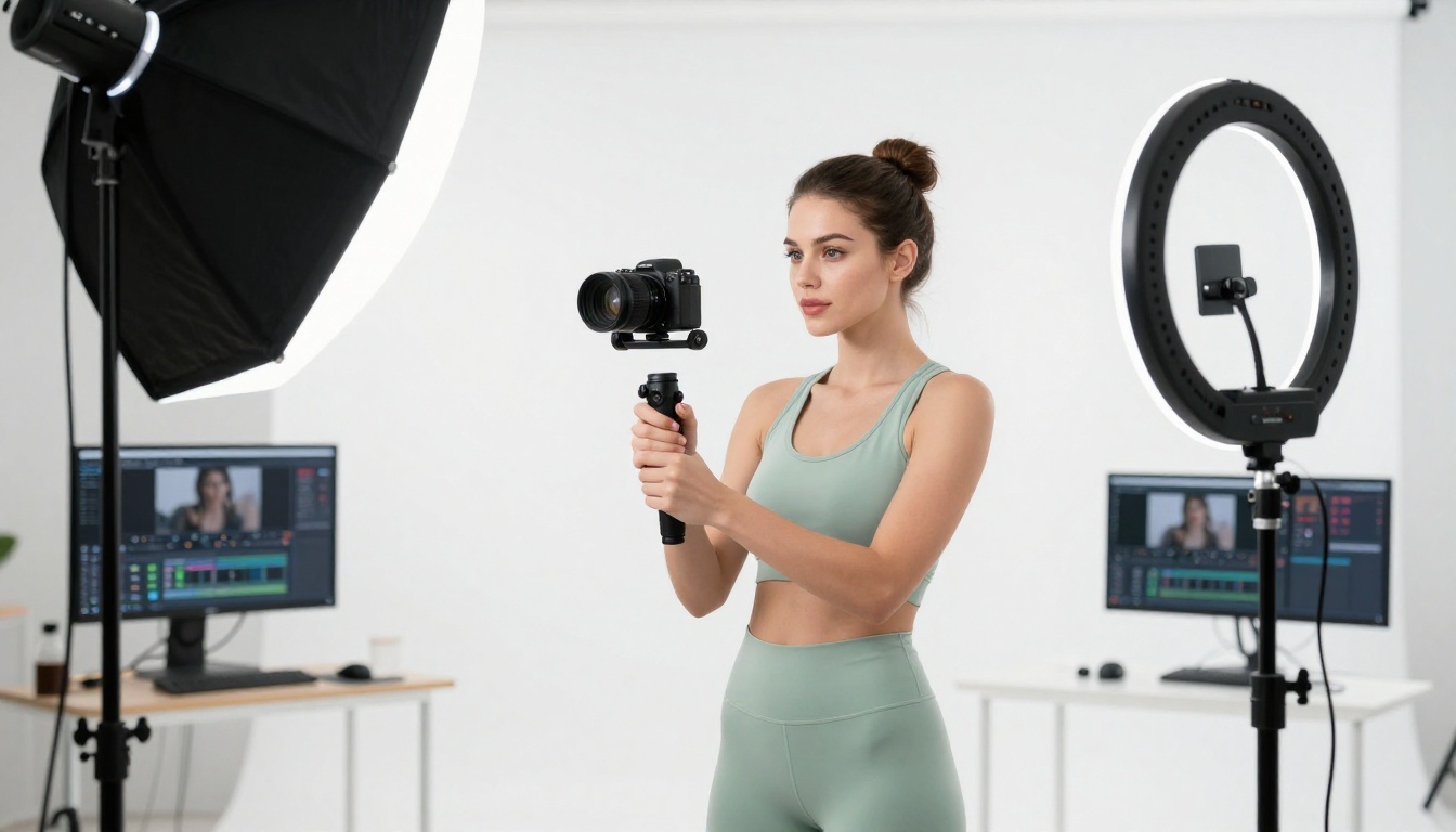 Content creator filming in a professional studio with ring light and gimbal camera, white backdrop and video editing monitor visible in background