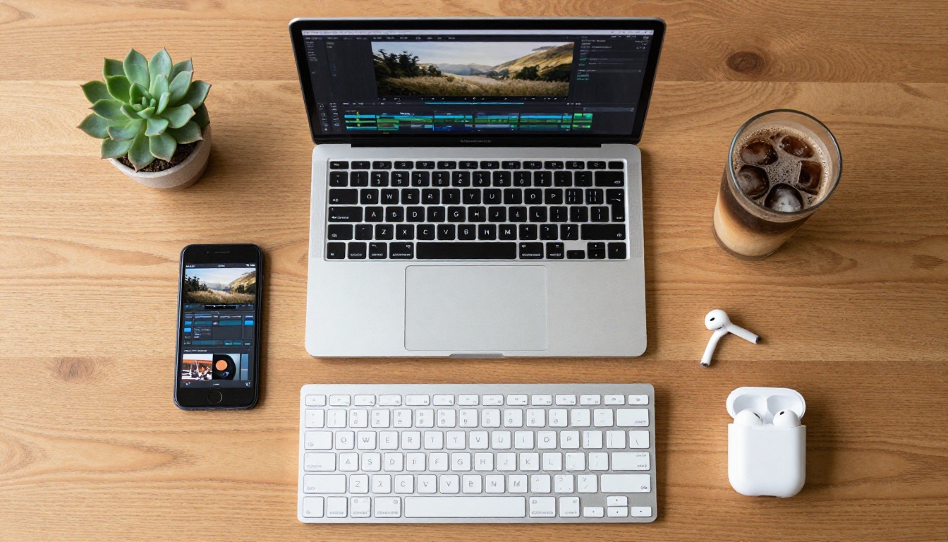 Overhead flat-lay of a creative workspace with open laptop, smartphone, keyboard, AirPods case, cold brew coffee, and succulent on a warm wood grain desk