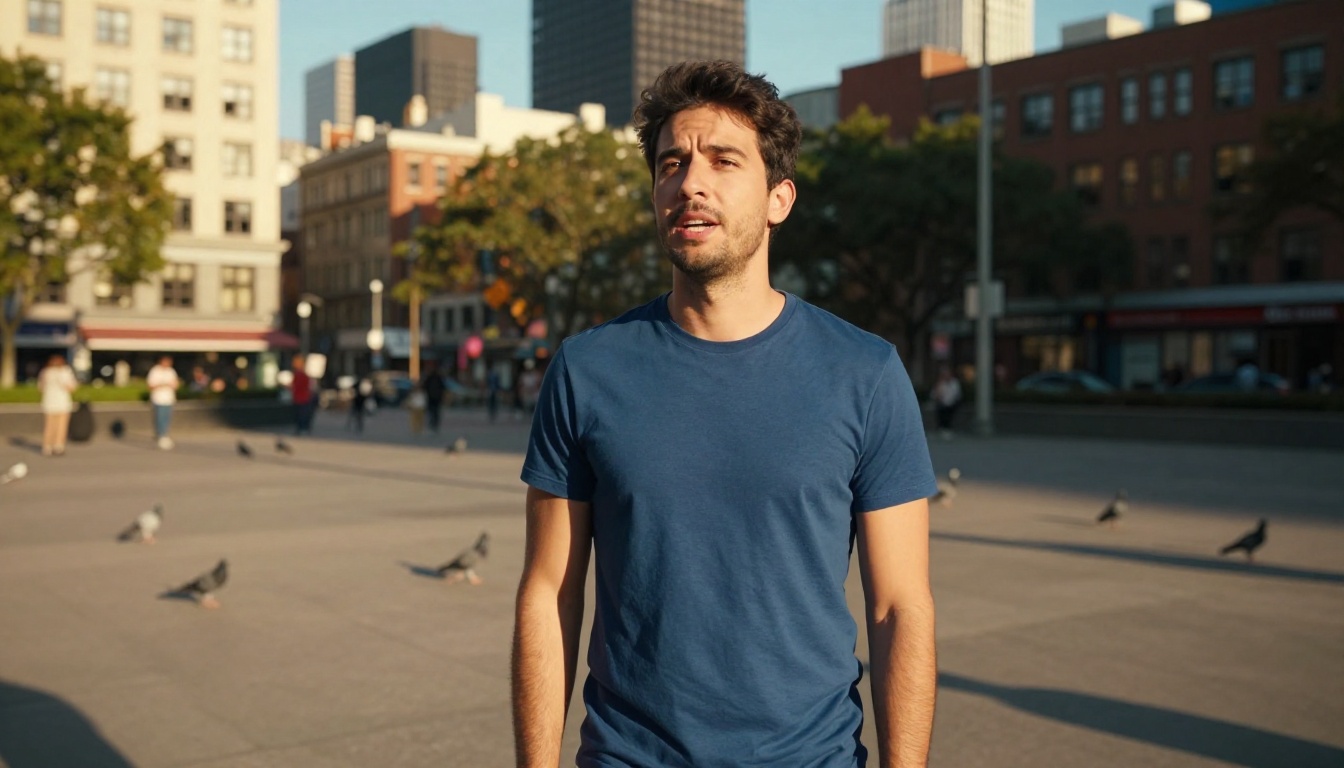 Low-angle shot of a male social media influencer recording outdoors in an urban plaza at golden hour, city buildings rising behind him, warm directional light on his face