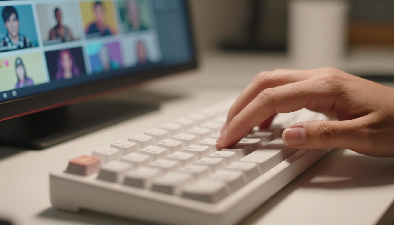 Close-up detail of hands with manicured nails typing on a white mechanical keyboard, slight motion blur on fingers, colorful video thumbnail grid in soft focus on monitor behind