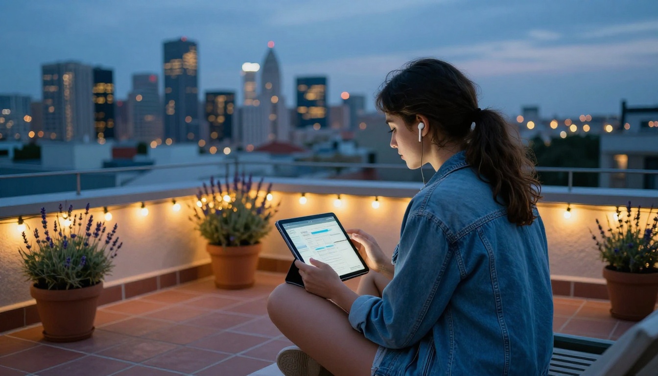 Young woman sitting cross-legged on a rooftop terrace at dusk editing video on a tablet, city skyline behind her in blue-hour light, string lights glowing softly