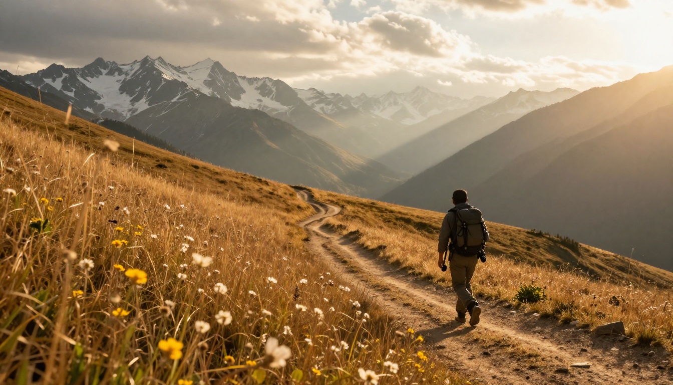 Wide mountain landscape at golden hour with a winding dirt trail through amber meadows, snow-capped peaks in the distance, volumetric god rays, lone hiker with camera backpack for scale
