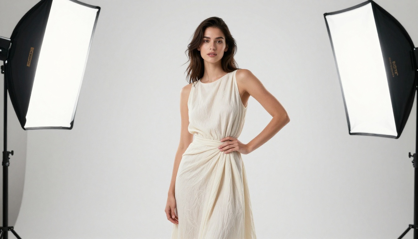 Fashion influencer in flowing ivory midi dress posing in a minimalist all-white studio with professional softbox lighting, realistic fabric drape and skin texture detail