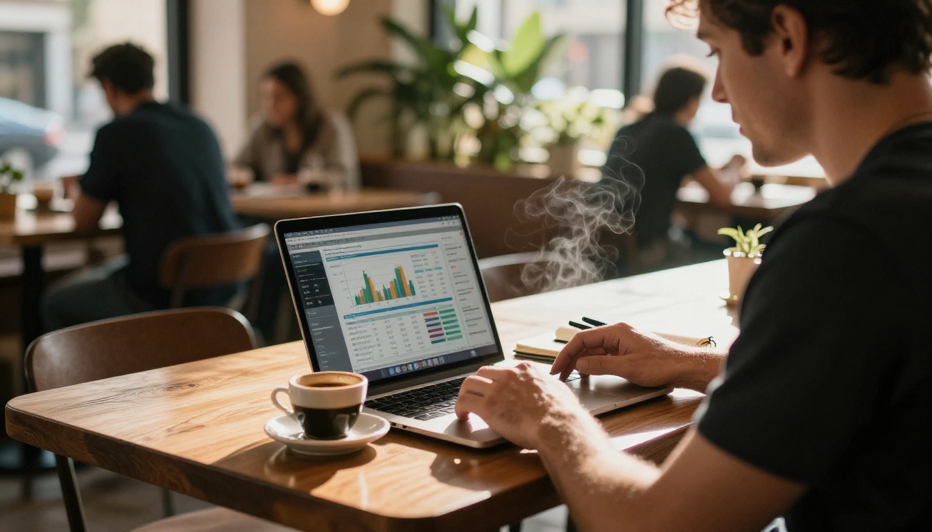 Man in his thirties at a cafe table reviewing video analytics on a laptop, ceramic espresso cup with steam beside a small notebook, warm afternoon window light from the right