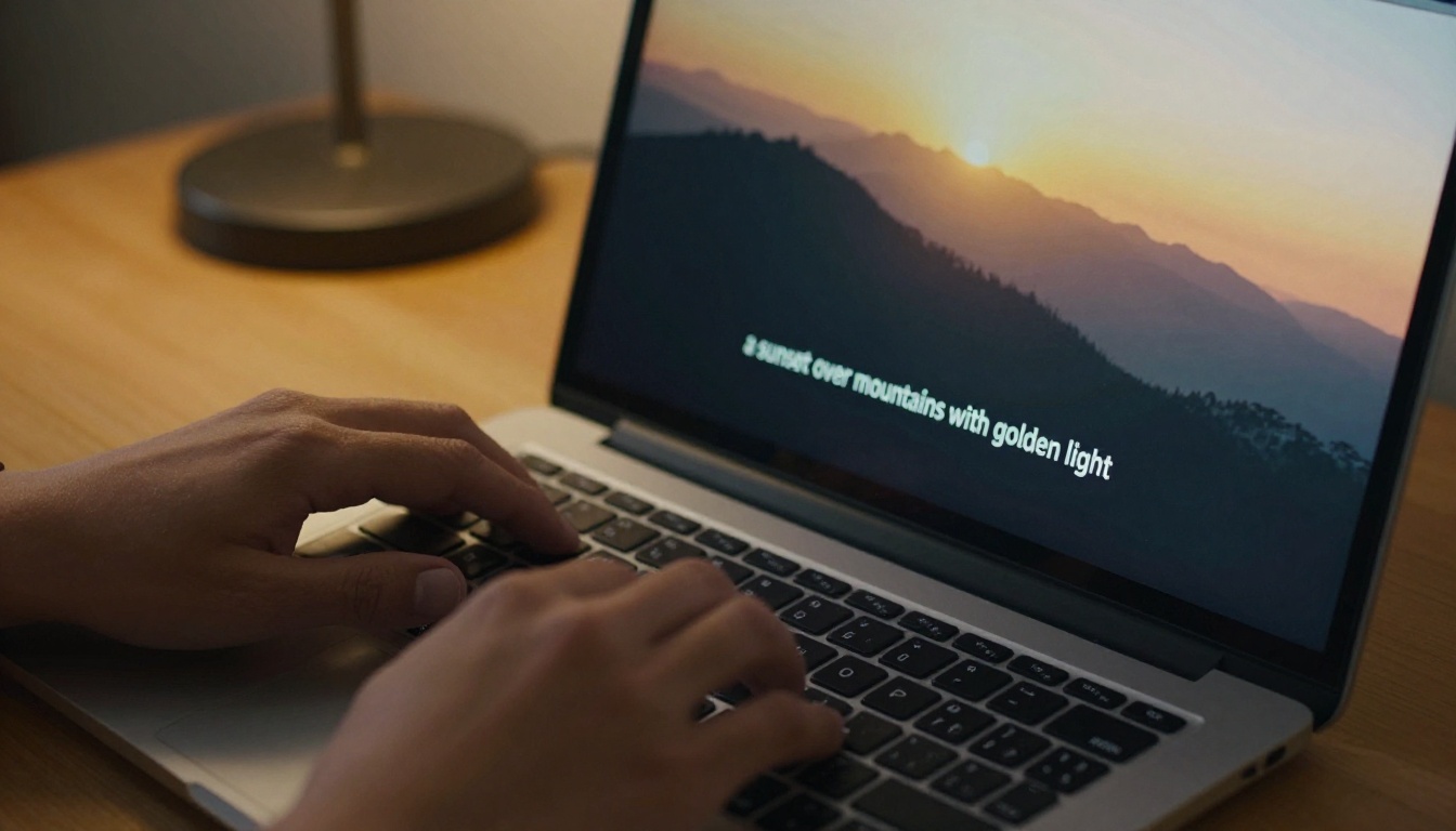 A person typing an AI video prompt on a laptop keyboard