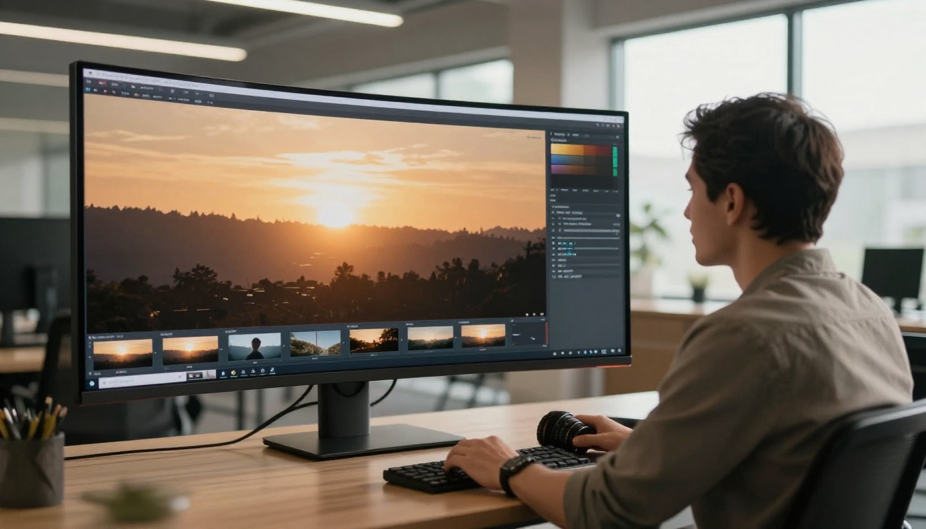 A man reviewing cinematic video output on a large curved monitor