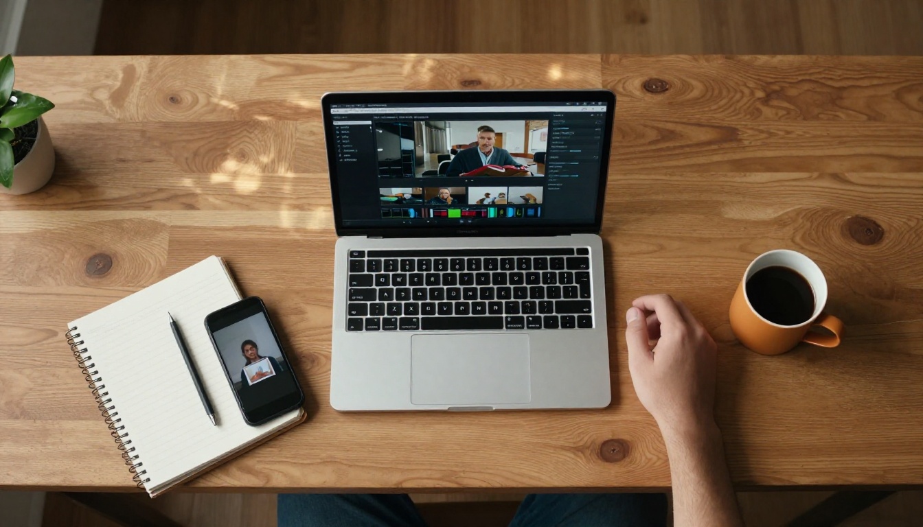 Aerial desk view with laptop, notebook, phone, and coffee mug