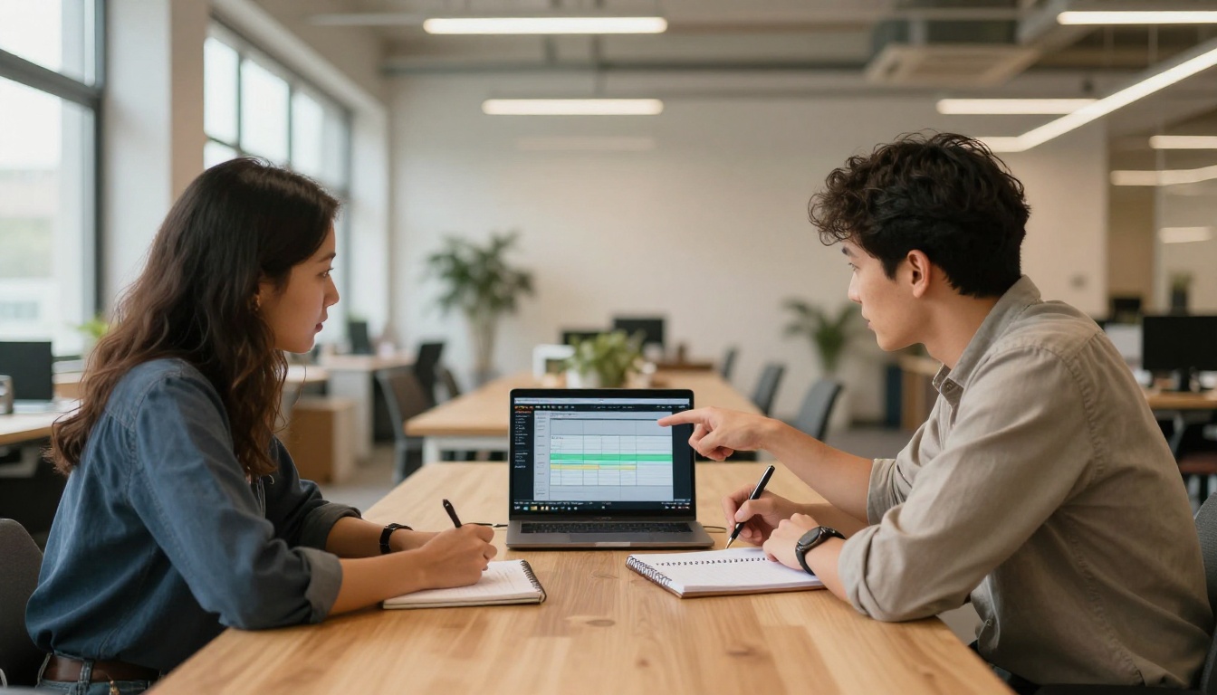 Two people collaborating at a shared laptop screen in a bright office