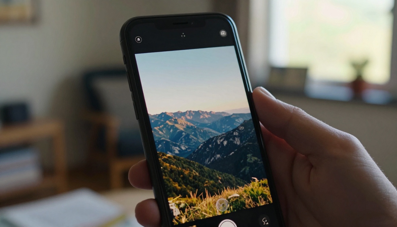Smartphone held in hand showing a video clip of a mountain landscape