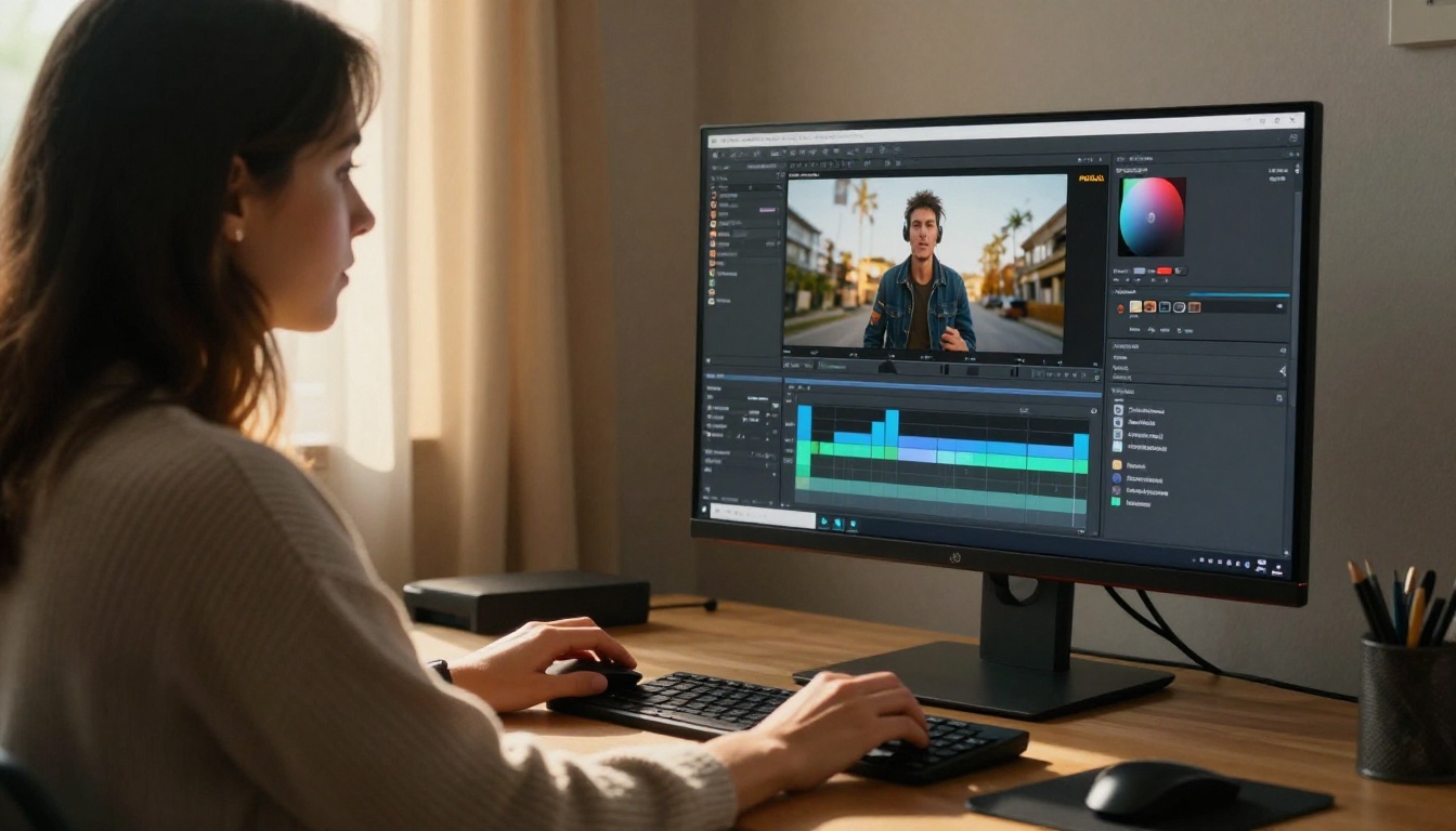 A woman at a standing desk navigating a video editing interface A woman at a standing desk navigating a video editing interface