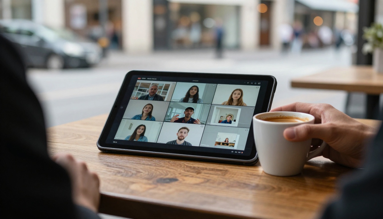 A person browsing video thumbnails on a tablet at an outdoor cafe table A person browsing video thumbnails on a tablet at an outdoor cafe table