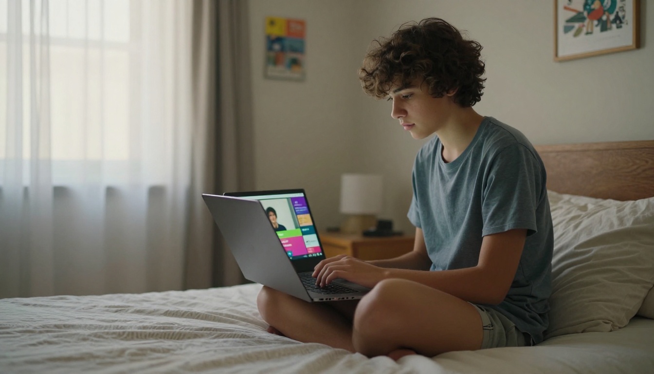 A teenager sitting cross-legged on a bed, using a laptop with a video interface open A teenager sitting cross-legged on a bed, using a laptop with a video interface open