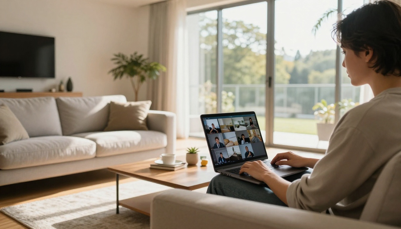 A person on a sofa with a laptop showing a video comparison grid in a bright living room A person on a sofa with a laptop showing a video comparison grid in a bright living room