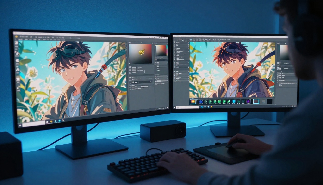 Professional artist at a dual-monitor workstation with anime character portraits on screen