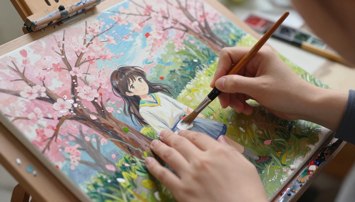 Artist painting delicate brushstrokes on a canvas depicting an anime landscape with cherry blossoms