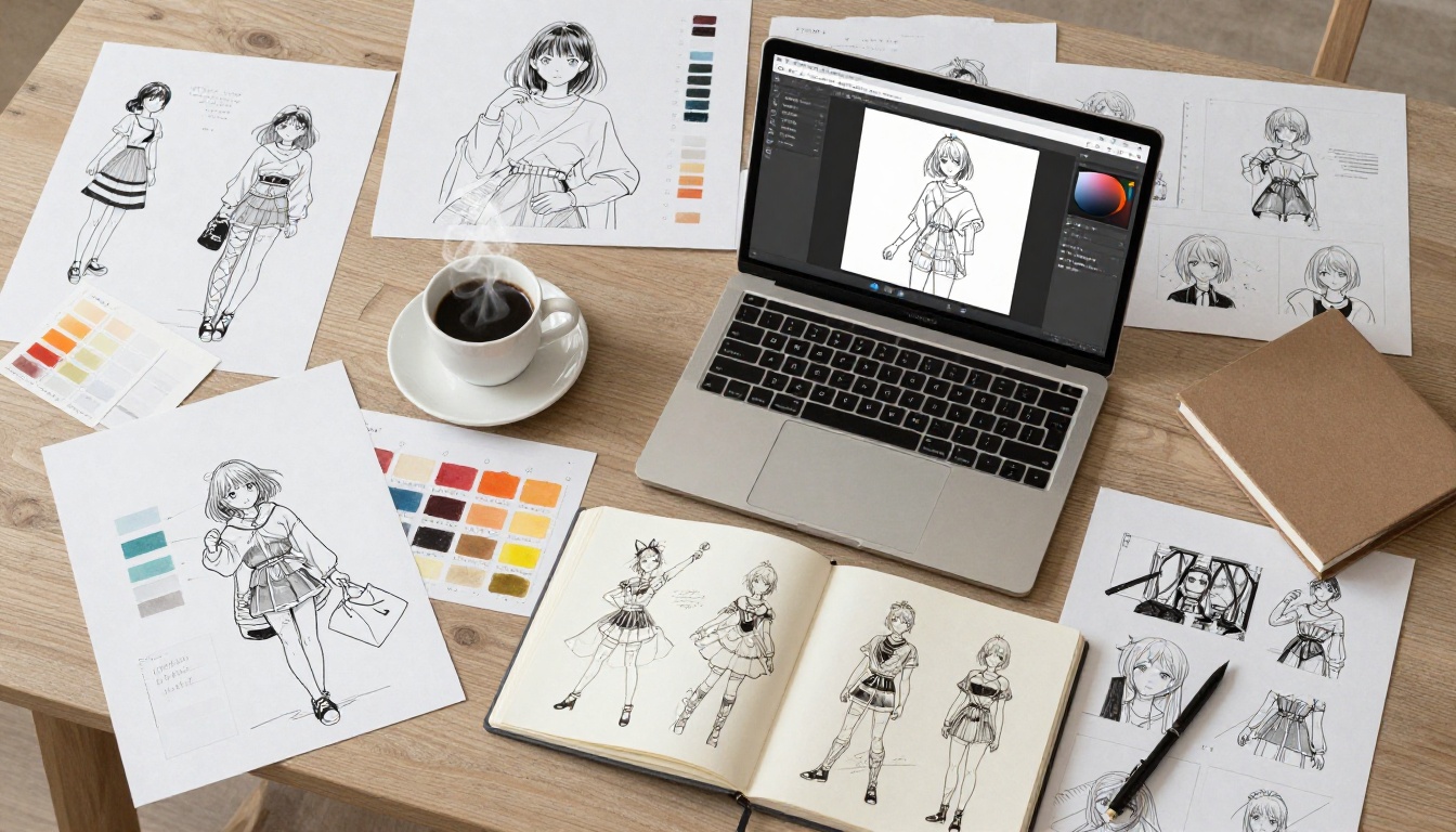 Creative workspace overhead view with anime character sheets, color swatches, and art supplies