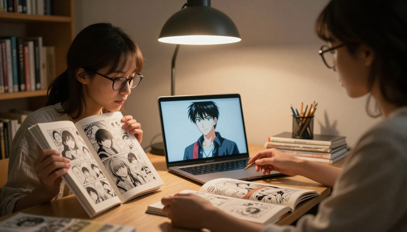 Person reading manga and comparing it to AI-generated anime art on laptop in library