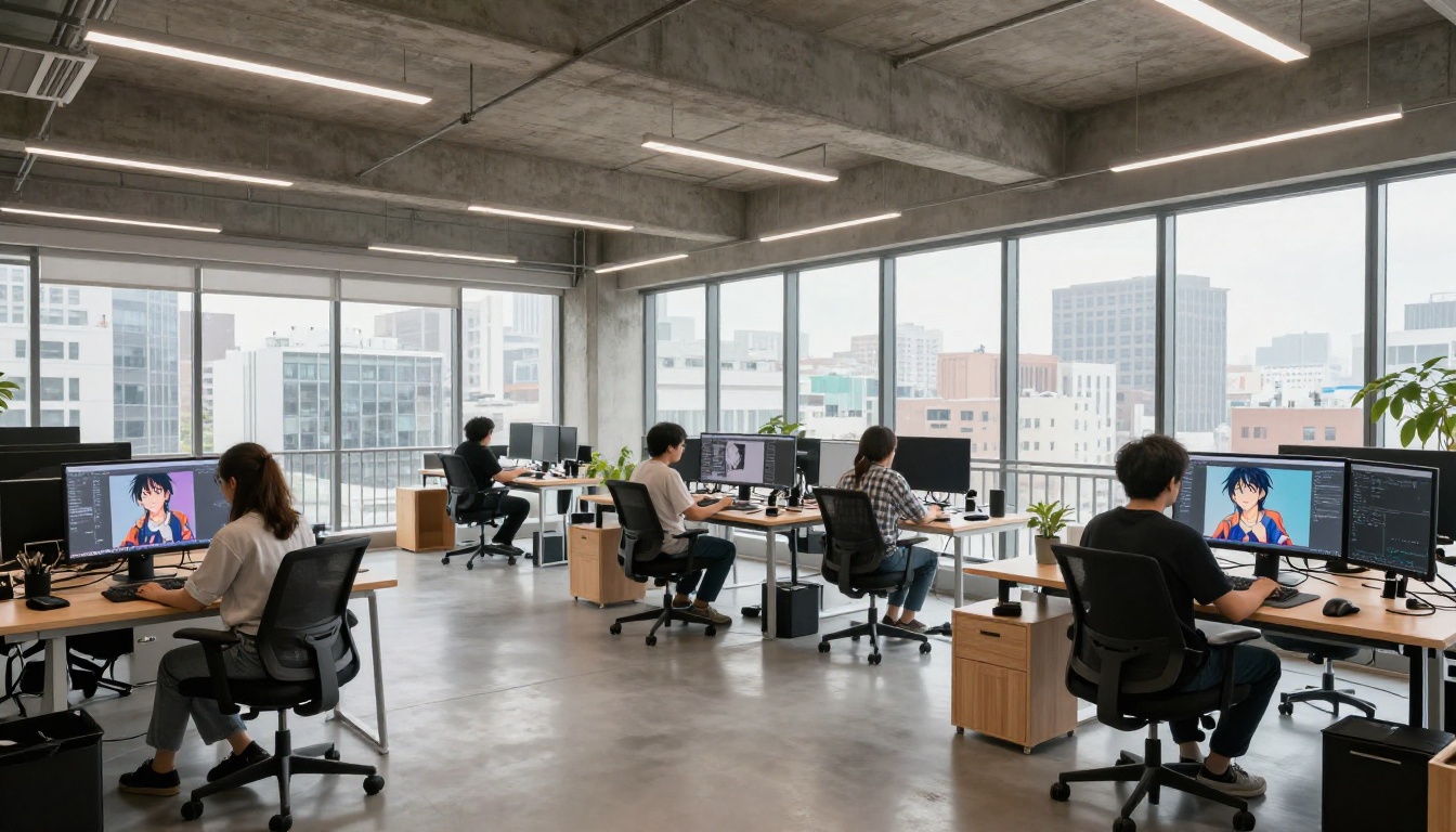 Wide open-plan creative studio with multiple designers at monitors showing anime art workflows