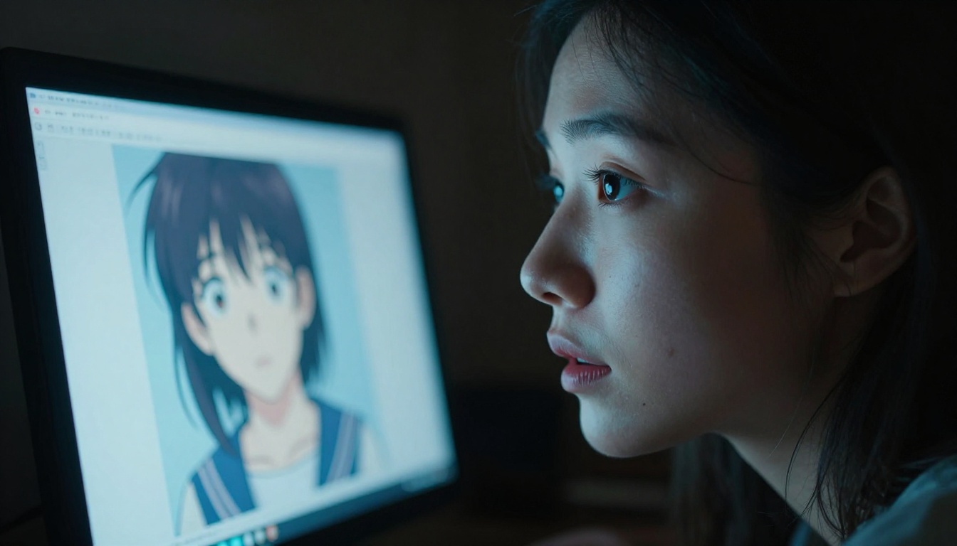 Woman's face lit by screen glow in dark room, viewing AI-generated anime artwork with quiet amazement